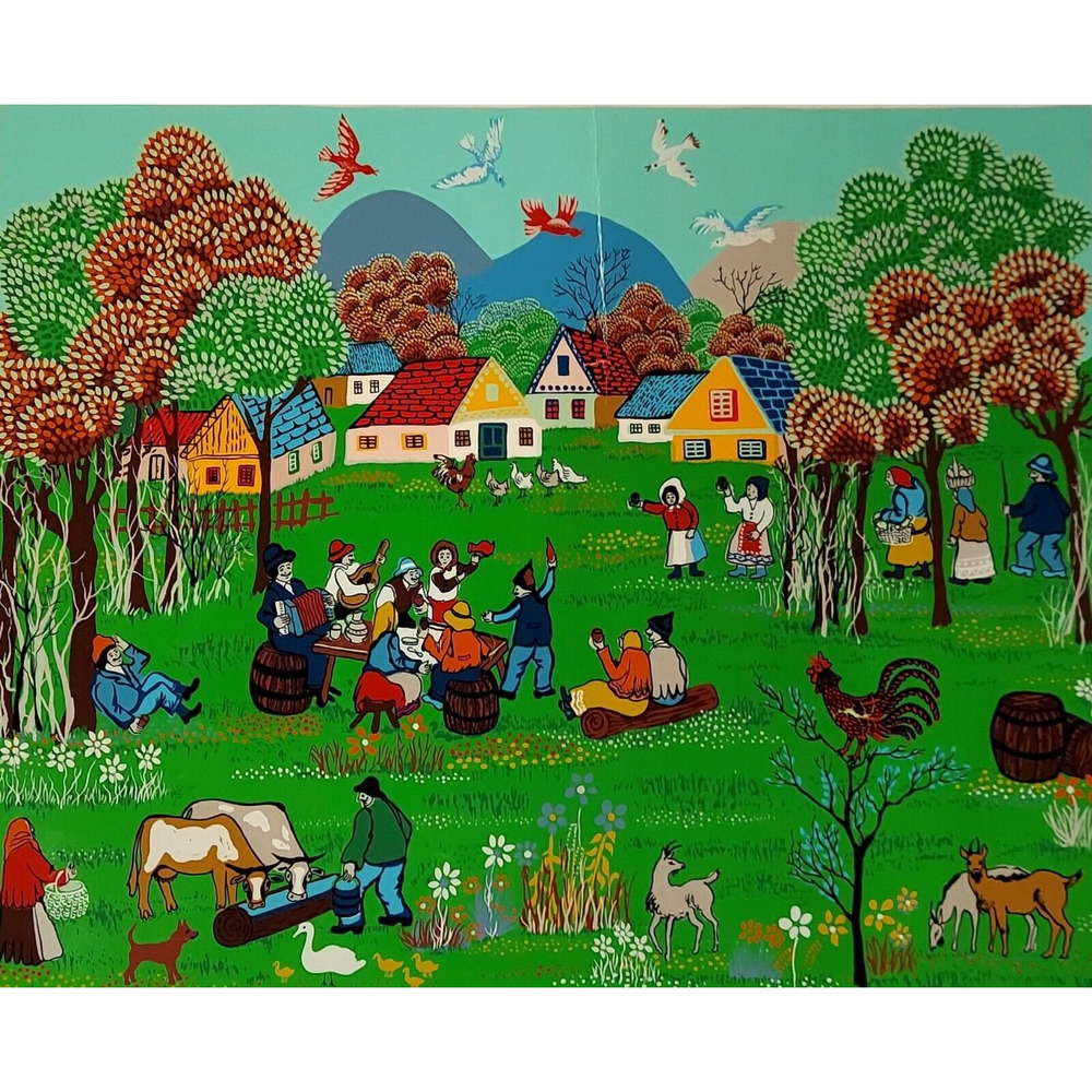 Signed Claudine Joie De Vivre Romanian Village Serigraph Print 23" x 30" Crease